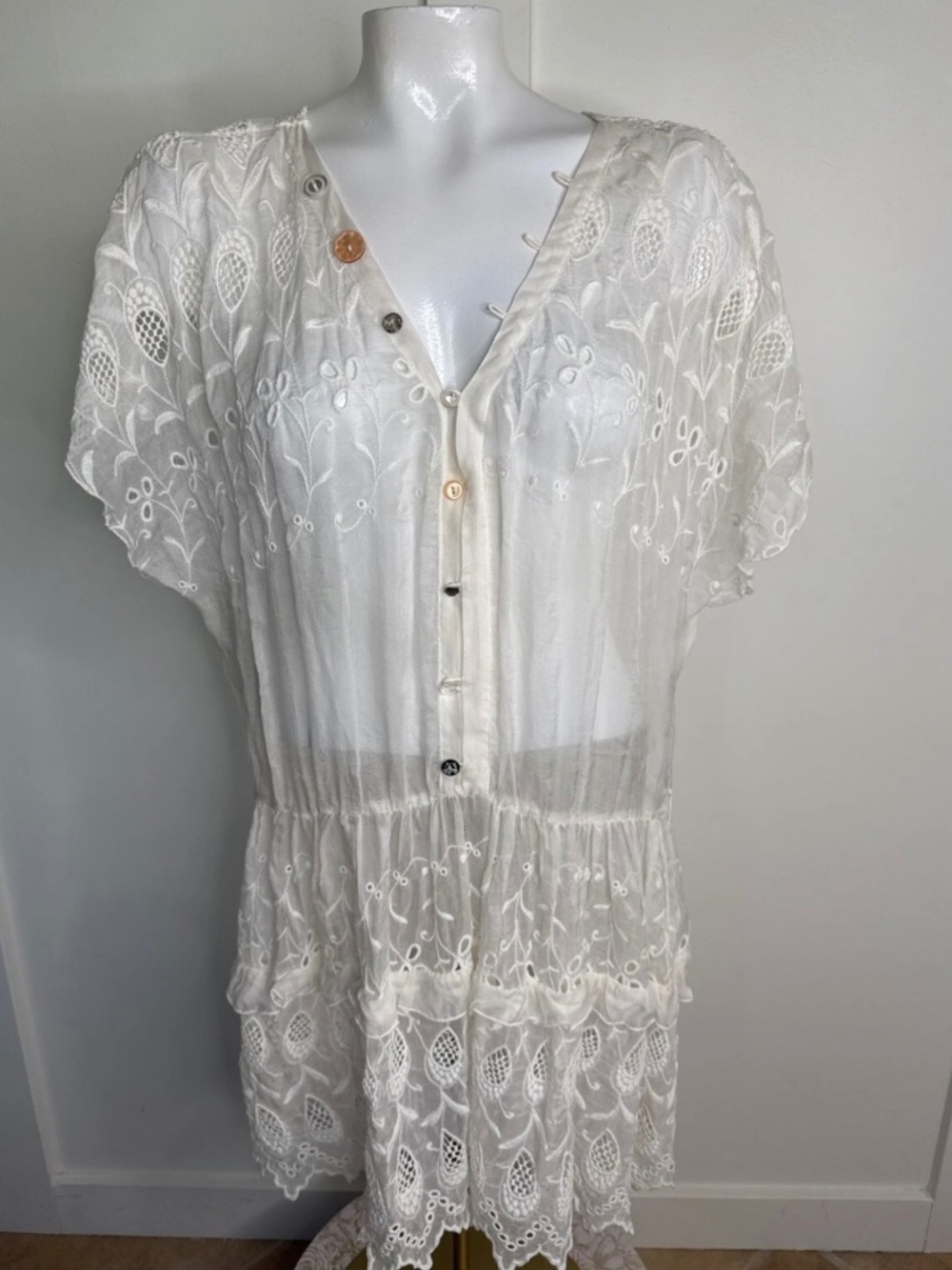 Johnny Was 4 Love And Liberty XL Ivory Eyelet V-Neck Layered Ruffle Dress Cotton